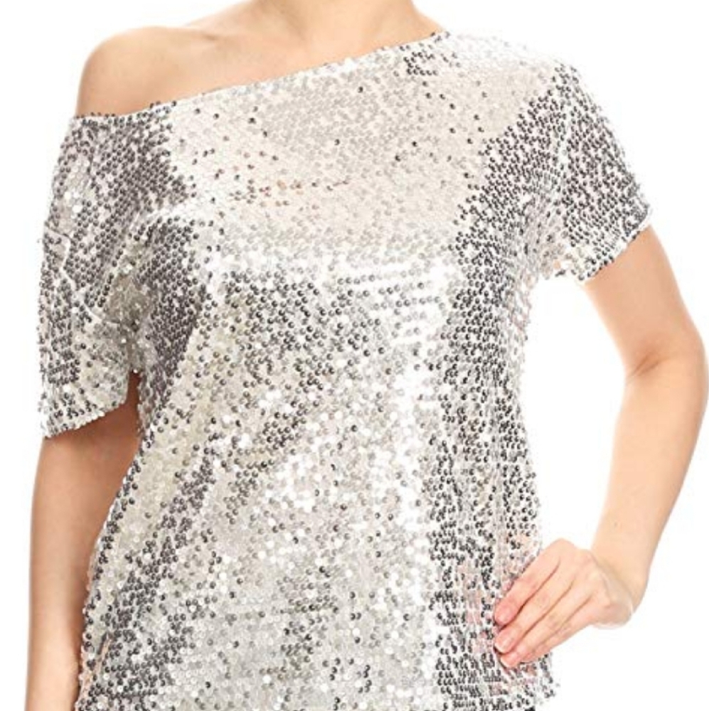 Women Short Sleeves Sequin Shirt
